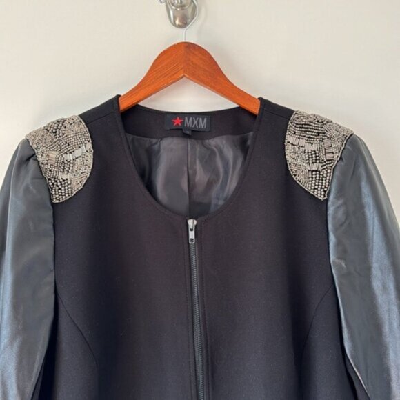 MXM Women Black Beaded Shoulders Faux Leather Blazer Jacket Plus Size 18 - Picture 4 of 13